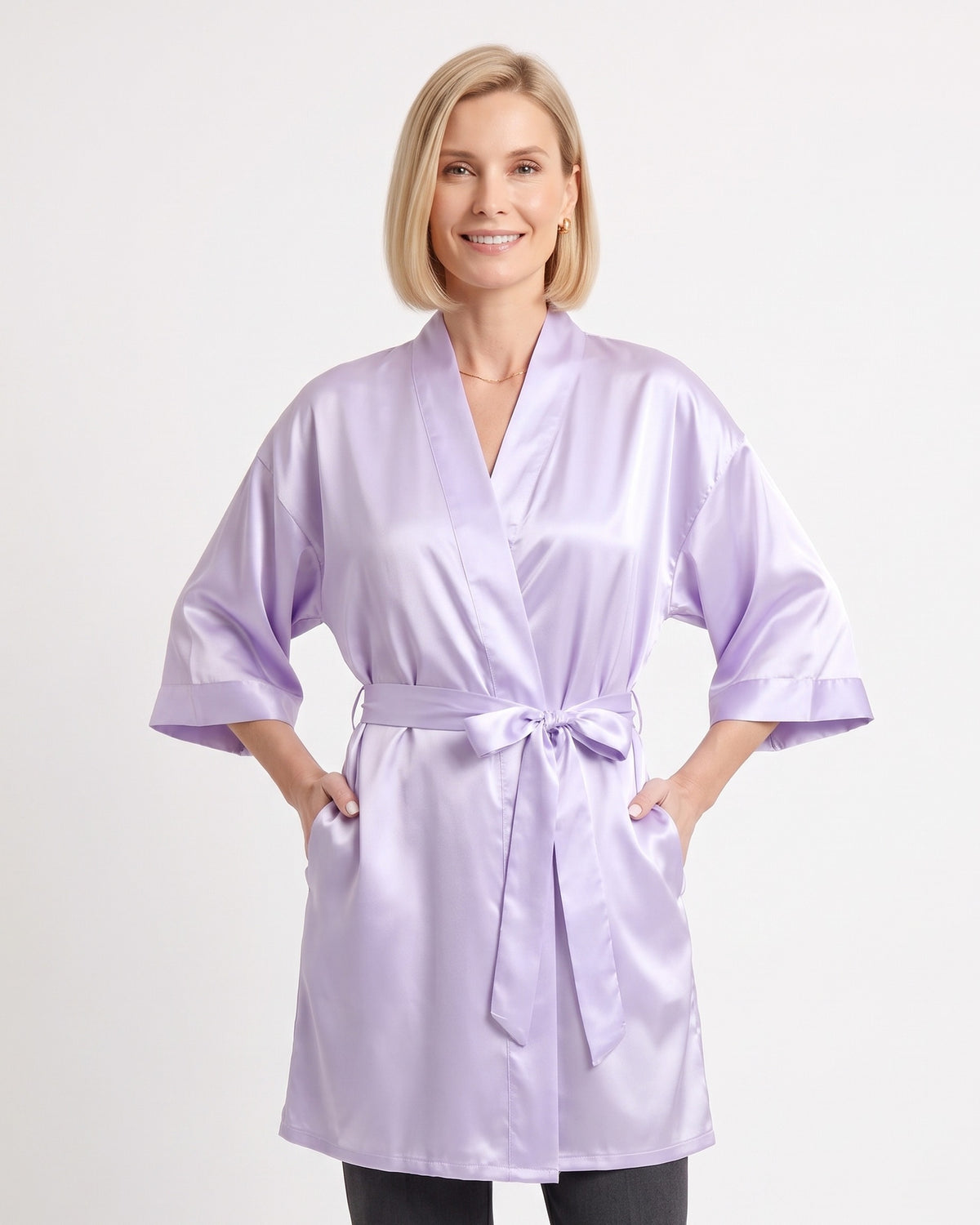 Light purple satin robe with kimono sleeves and tie belt