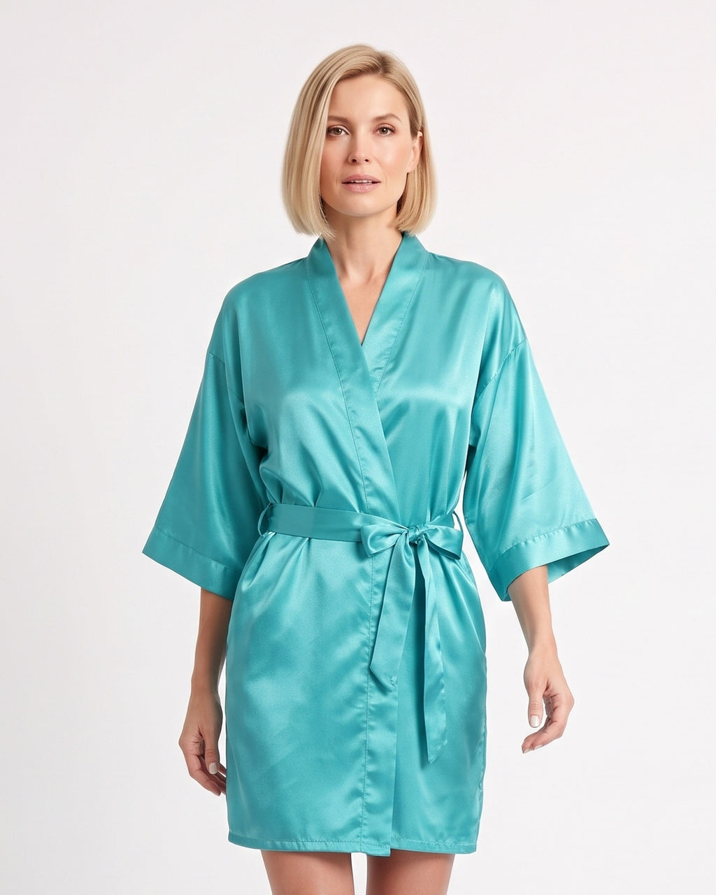 Turquoise satin robe with wide sleeves and a tied belt