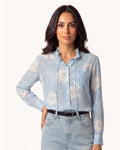 Silk Blouse in Sheer Floral Print — Ruffle Collar with Self Tie Neck and Long Sleeves