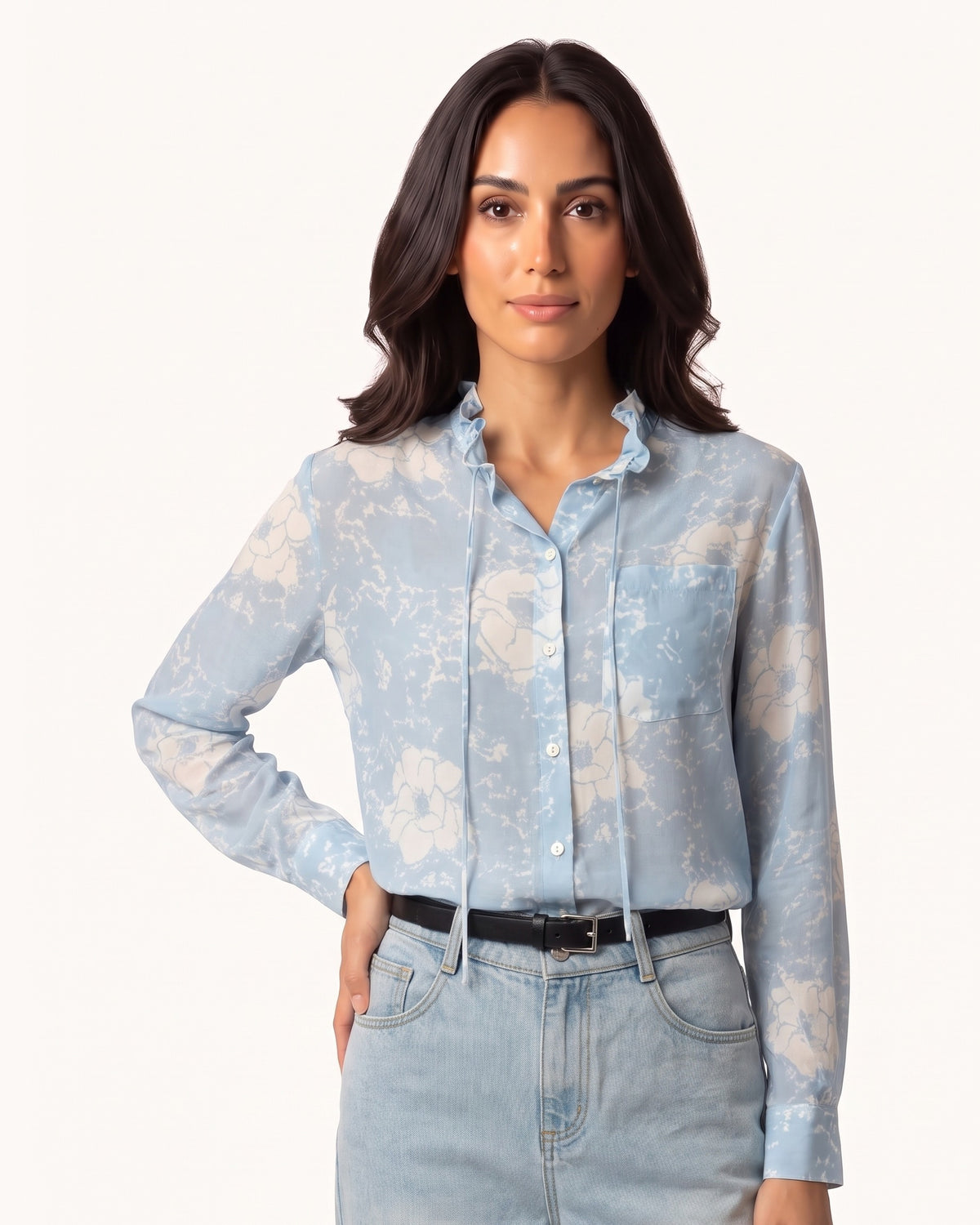 Silk Blouse in Sheer Floral Print — Ruffle Collar with Self Tie Neck and Long Sleeves