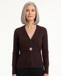 Dark brown V-neck cardigan with single front button, long sleeves