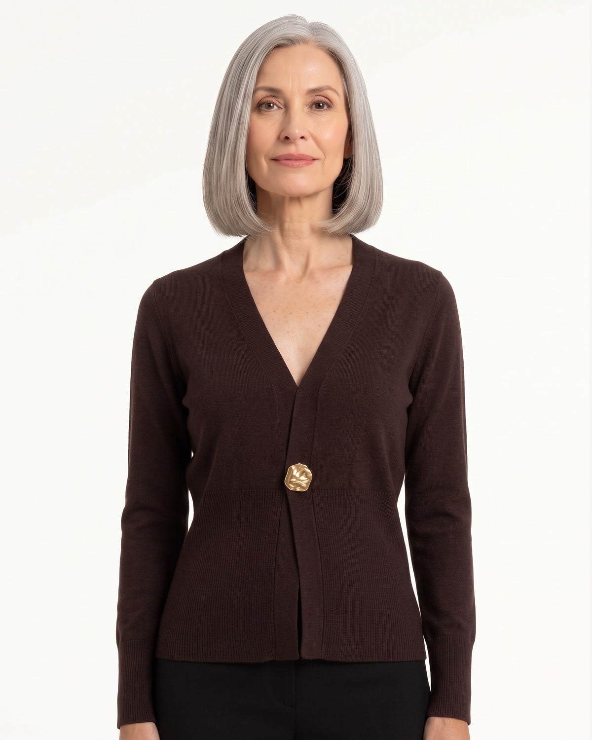 Dark brown V-neck cardigan with single front button, long sleeves