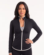 Black zip-up workout jacket with white contrast piping, shown from the front.