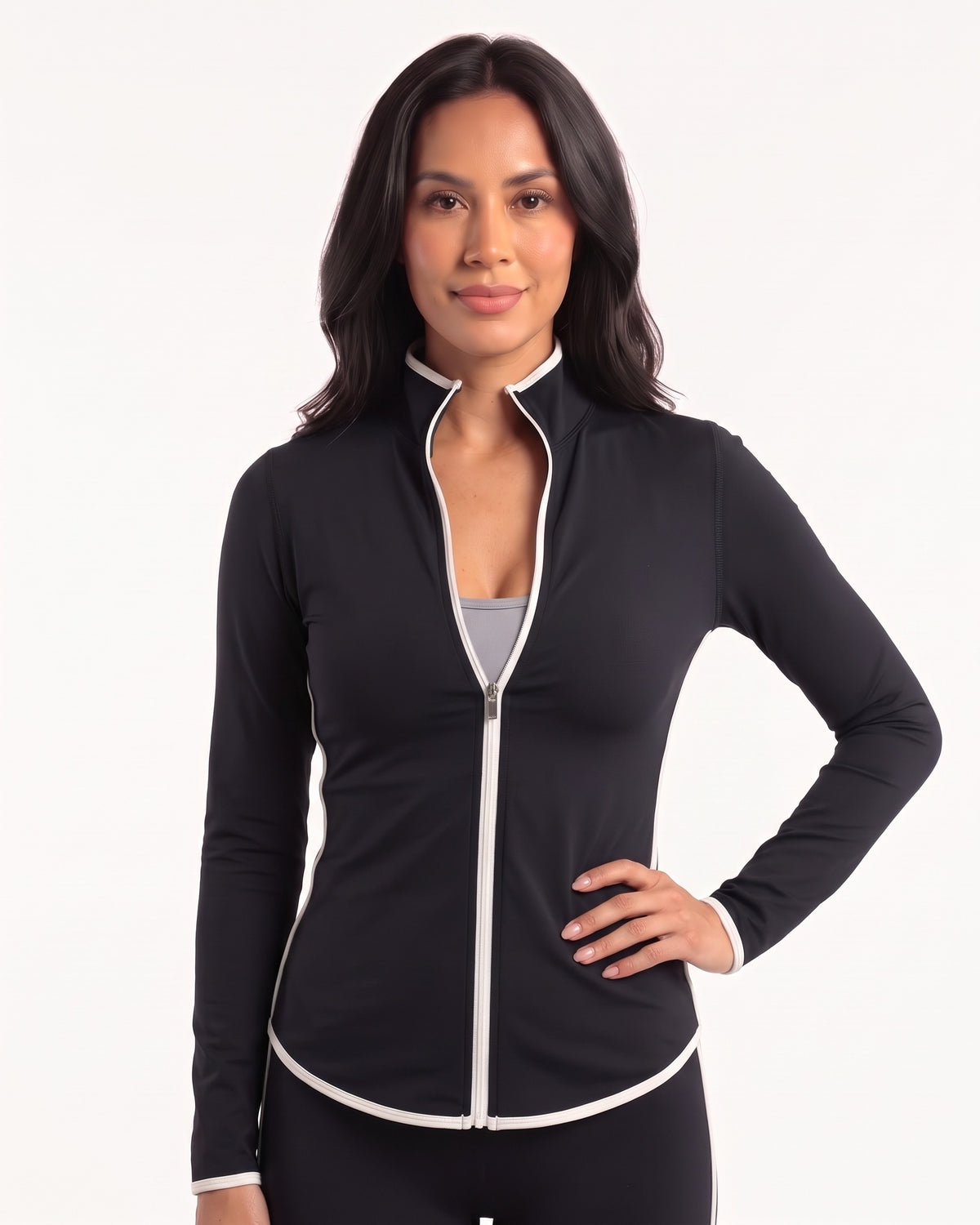 Black zip-up workout jacket with white contrast piping, shown from the front.