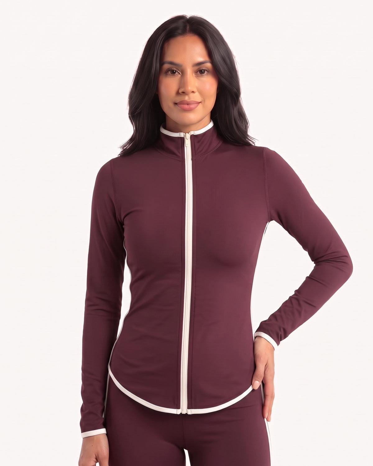 Burgundy slim-fit workout jacket with stand collar, full zip, and cream contrast piping.