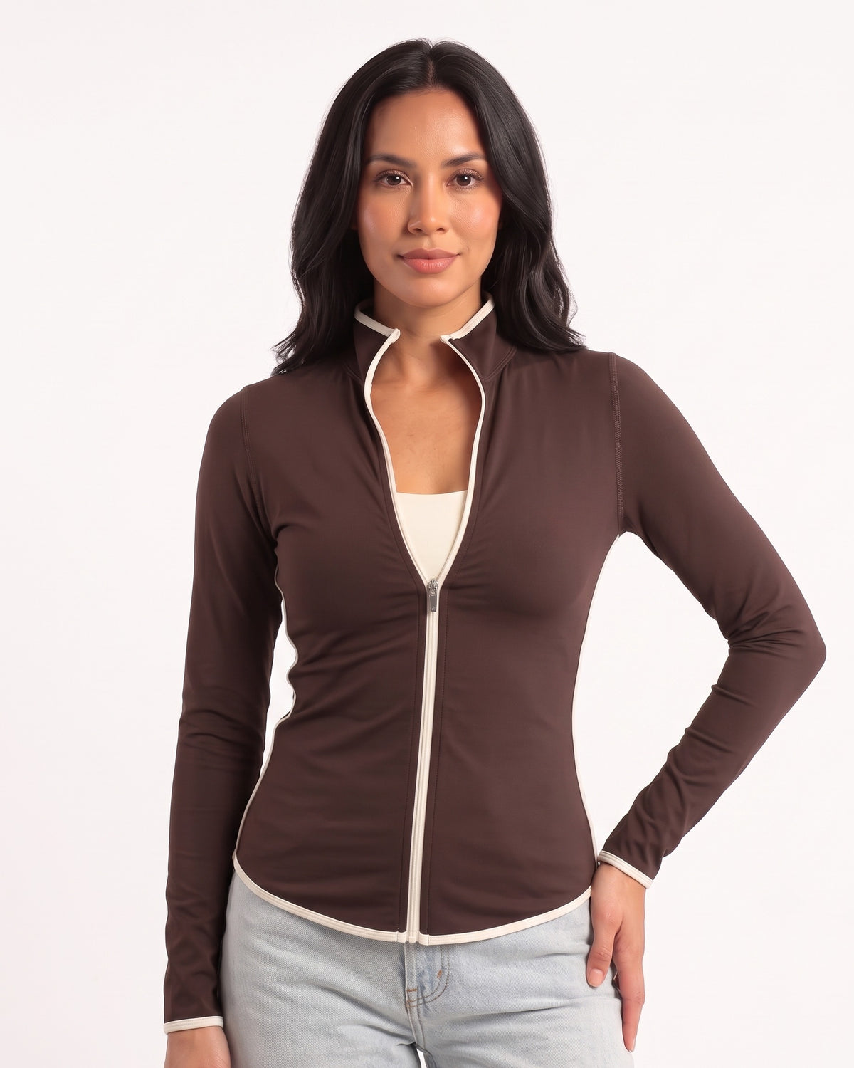 Dark brown workout jacket with stand collar, front zipper, and white contrast piping.