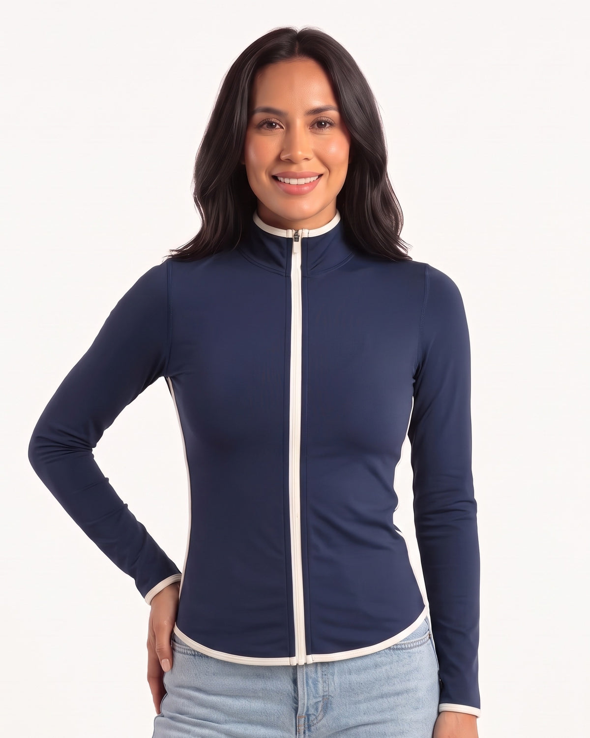 Navy slim-fit workout jacket with stand collar, full zip, and cream contrast piping.