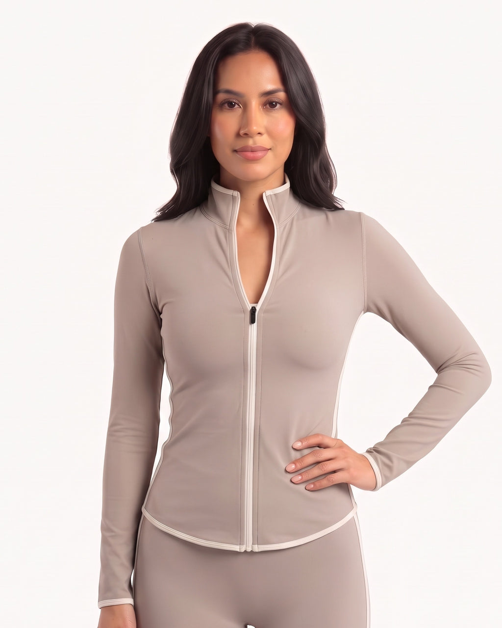Taupe slim-fit workout jacket with stand collar, full zip, and cream contrast piping.