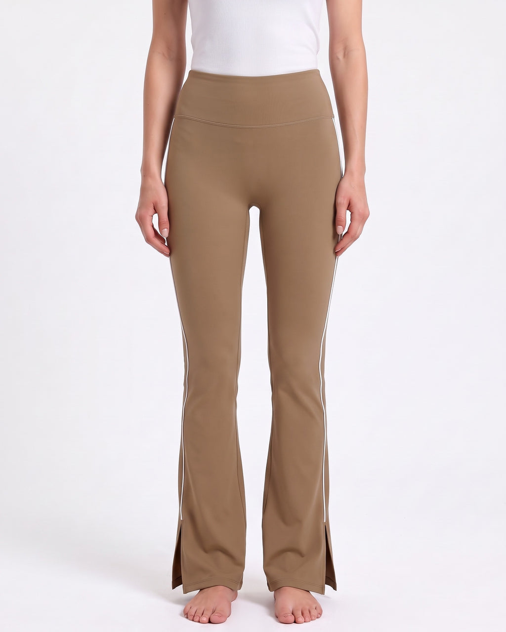 Khaki tan high-waisted flare leggings with split hem and contrast piping