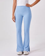 Light blue high-waisted flare leggings with split hem and contrast piping
