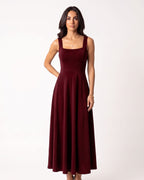 Burgundy square-neck sleeveless maxi dress with wide straps, A-line flare silhouette