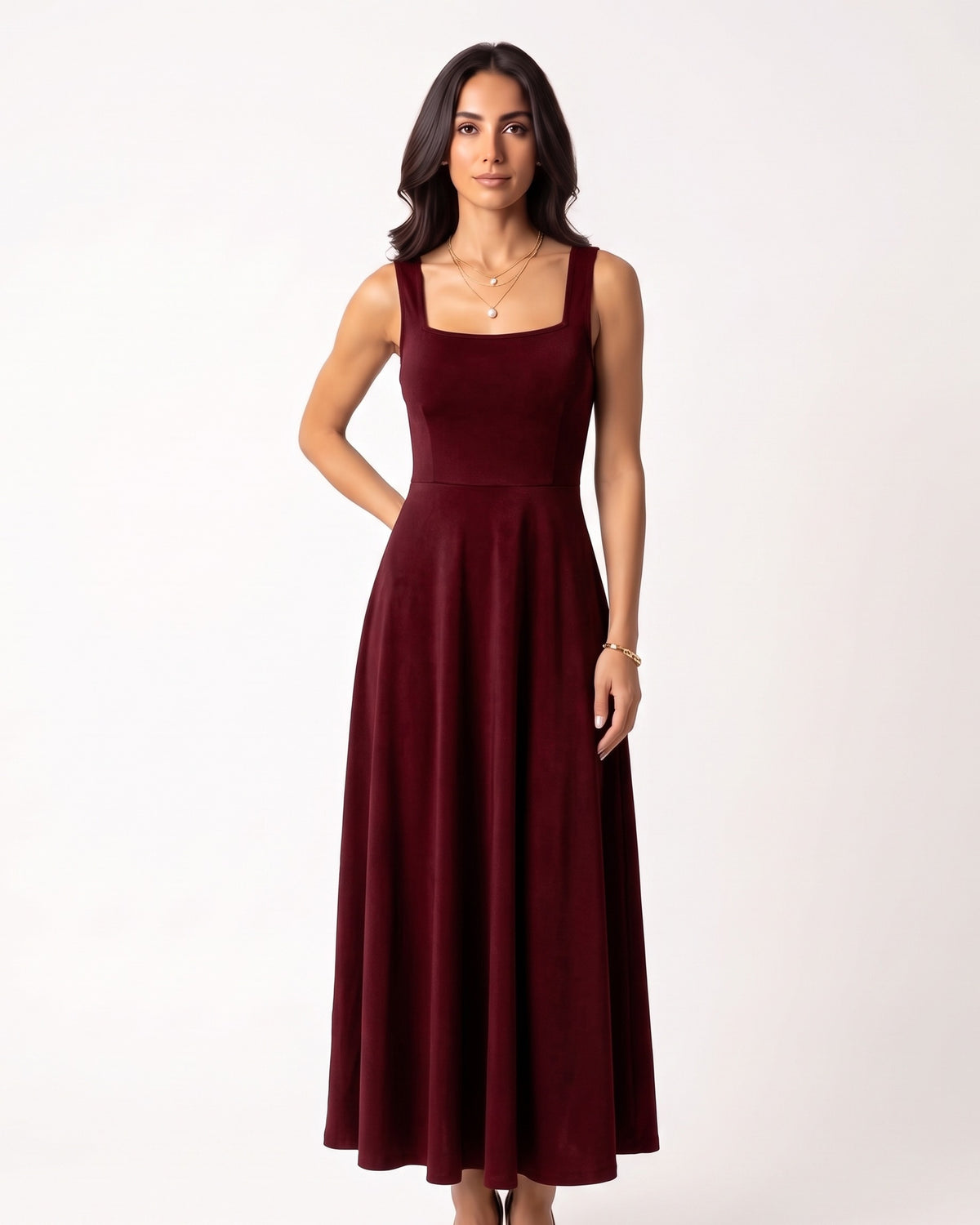 Burgundy square-neck sleeveless maxi dress with wide straps, A-line flare silhouette