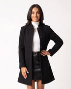 Women’s black wool A-line dress coat with stand collar and button front.