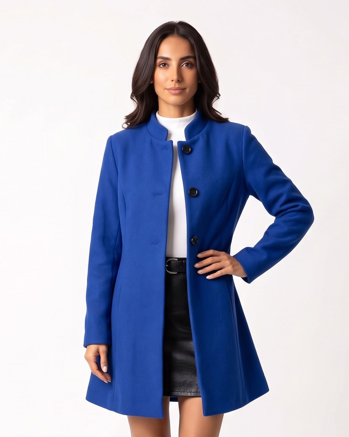 Women’s blue wool A-line dress coat with stand collar and button front.