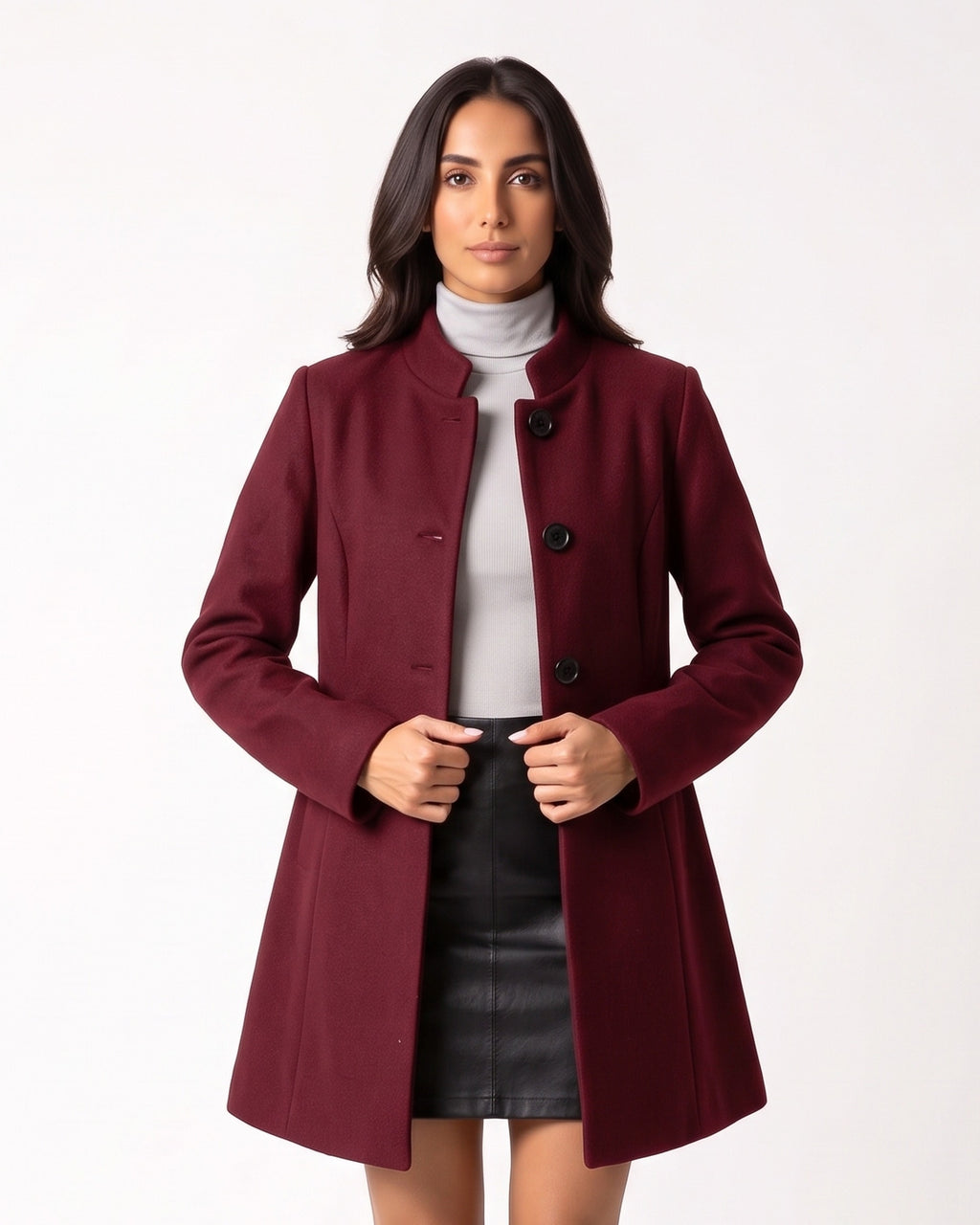 Burgundy wool A-line coat with stand collar and button front, mid length, long sleeves