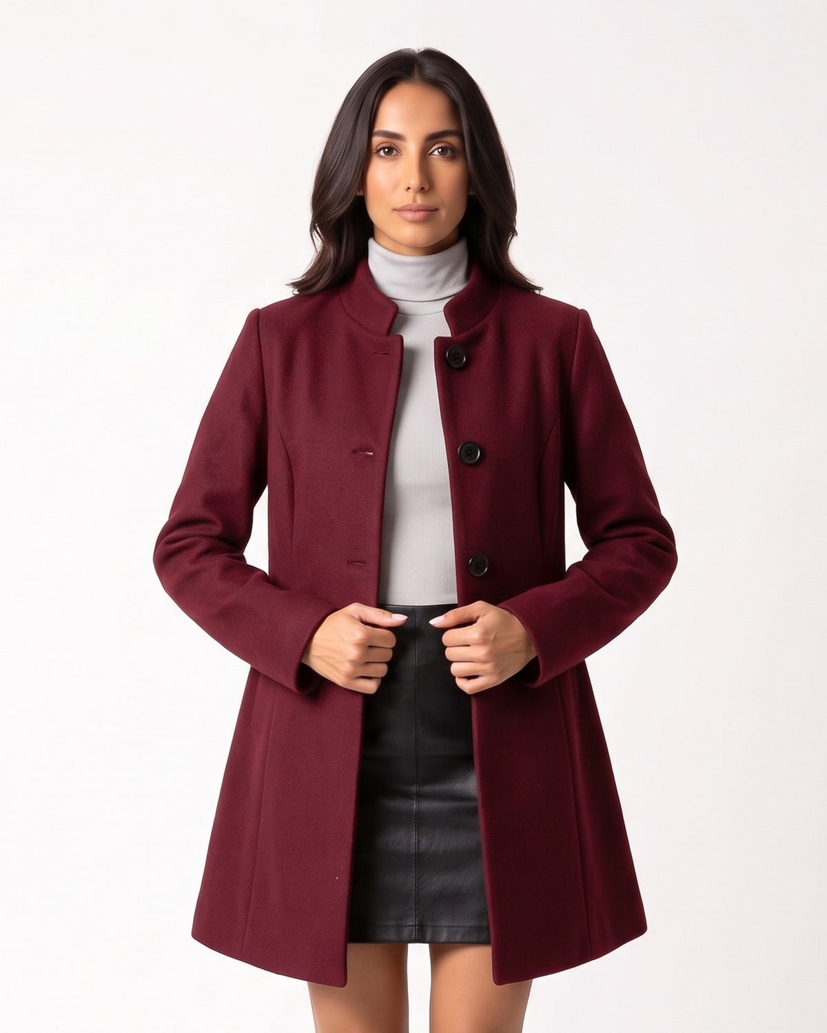 Burgundy wool A-line coat with stand collar and button front, mid length, long sleeves