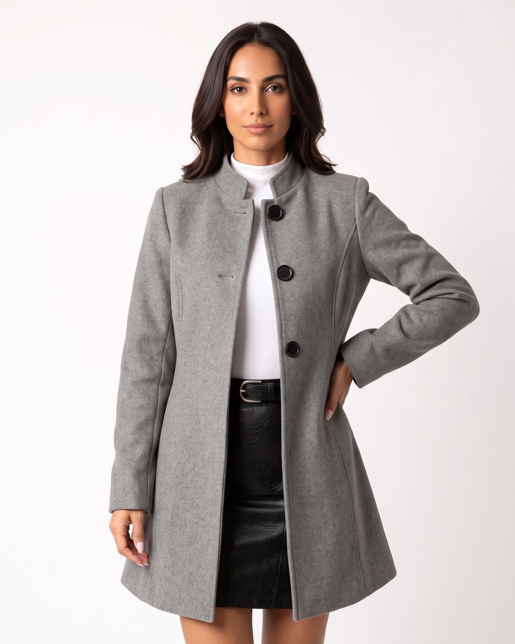 Gray wool A-line coat with stand collar and button front, mid length, long sleeves