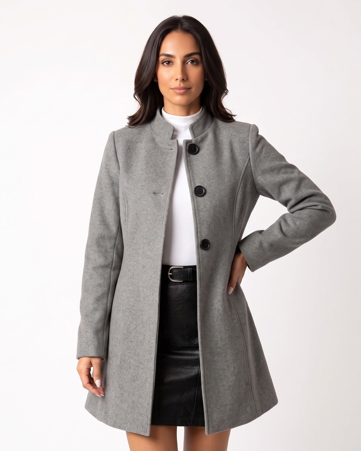 Gray wool A-line coat with stand collar and button front, mid length, long sleeves