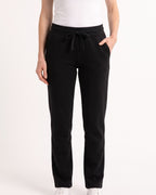 Women's black fleece sweatpants with drawstring waist and open cuffs, side pockets