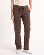 Women's brown fleece sweatpants with drawstring waist, open cuffs, side pockets