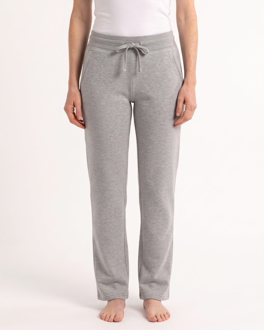 Women's light gray fleece sweatpants with drawstring waist and open cuffs, side pockets