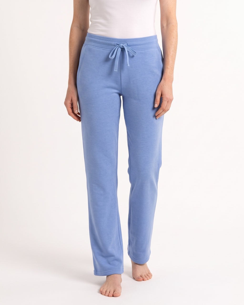 Women's light blue fleece sweatpants with drawstring waist and open cuffs, side pockets