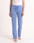 Women's light blue fleece sweatpants with drawstring waist and open cuffs, side pockets