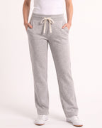 Women's heather gray fleece sweatpants with drawstring waist, open cuffs, side pockets