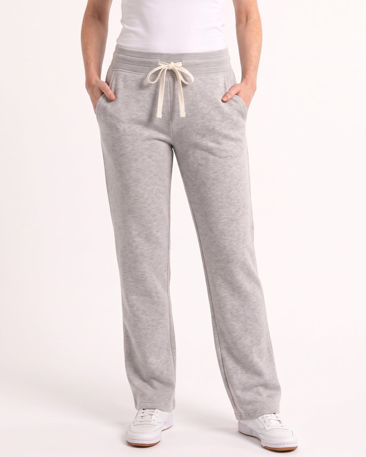 Women's heather gray fleece sweatpants with drawstring waist, open cuffs, side pockets