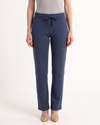 Women's navy fleece sweatpants with drawstring waist and open cuffs, side pockets