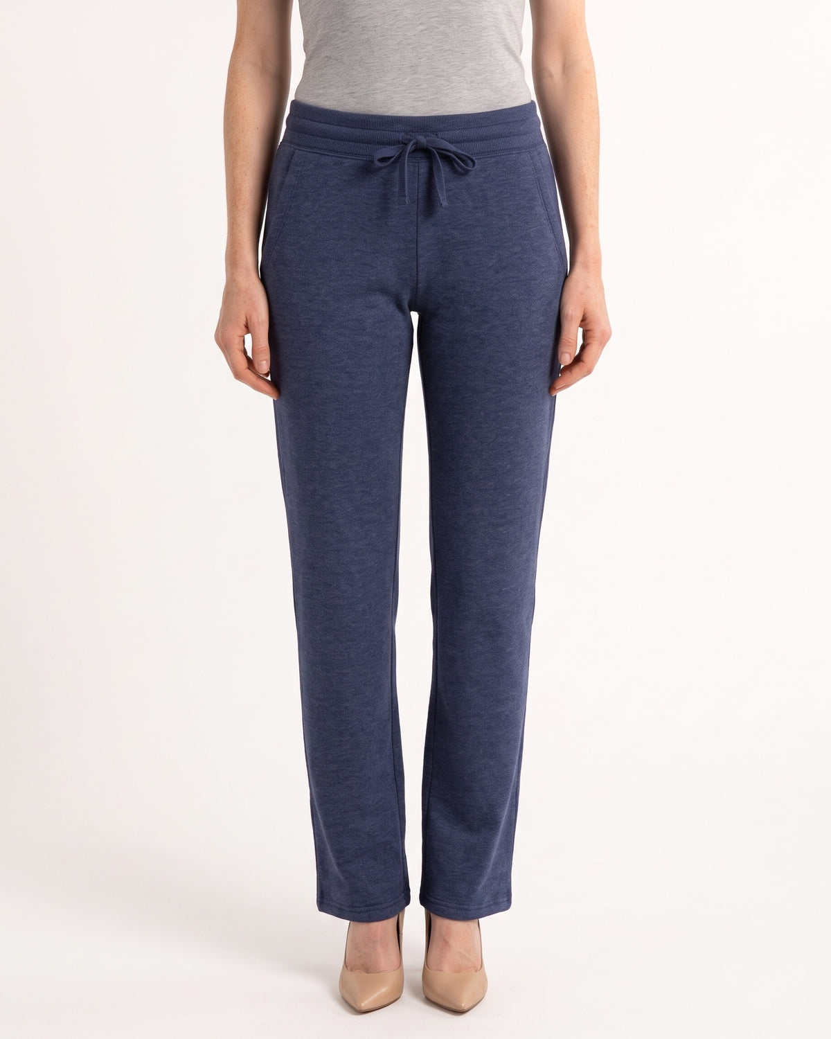 Women's navy fleece sweatpants with drawstring waist and open cuffs, side pockets