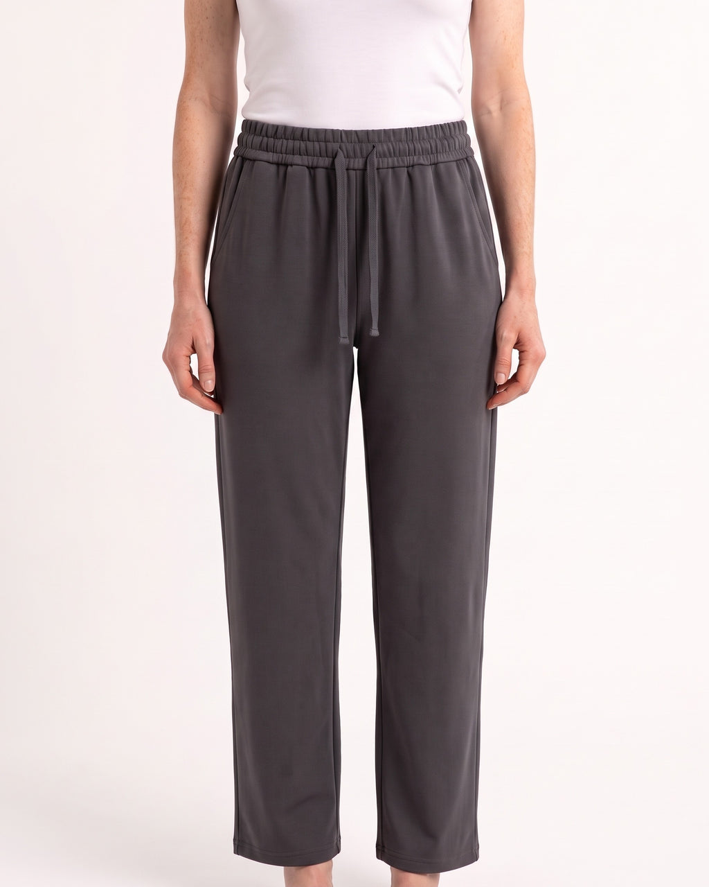 Women's dark gray drawstring sweatpants with wide straight legs and elastic waistband