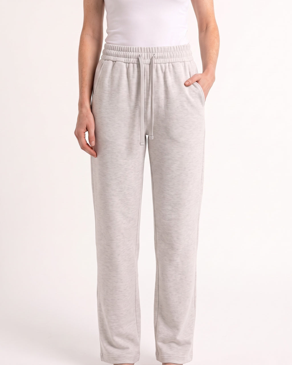 Women's light gray drawstring sweatpants with wide straight legs and elastic waistband
