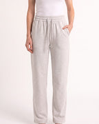 Women's light gray drawstring sweatpants with wide straight legs and elastic waistband