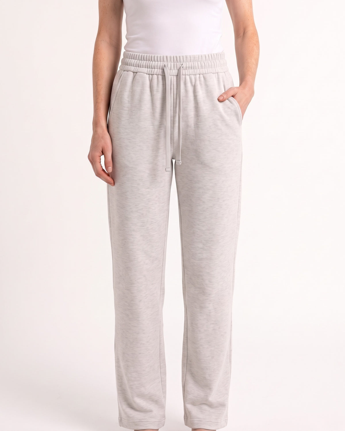 Women's light gray drawstring sweatpants with wide straight legs and elastic waistband
