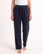 Women's navy drawstring sweatpants with wide straight legs and elastic waistband