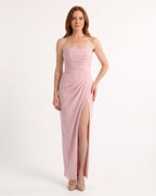Light pink strapless maxi dress with ruched draped bodice and high slit