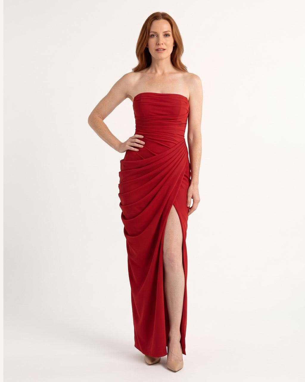 Strapless Maxi Dress with High Slit — Ruched Draped Formal Gown in Stretch Jersey