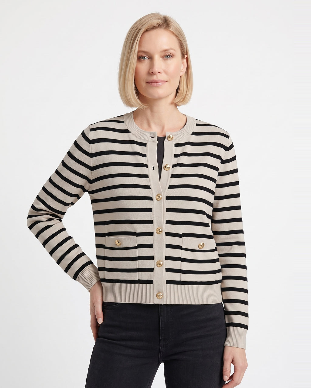 Black-and-white striped cropped knit cardigan with gold buttons and flap pockets