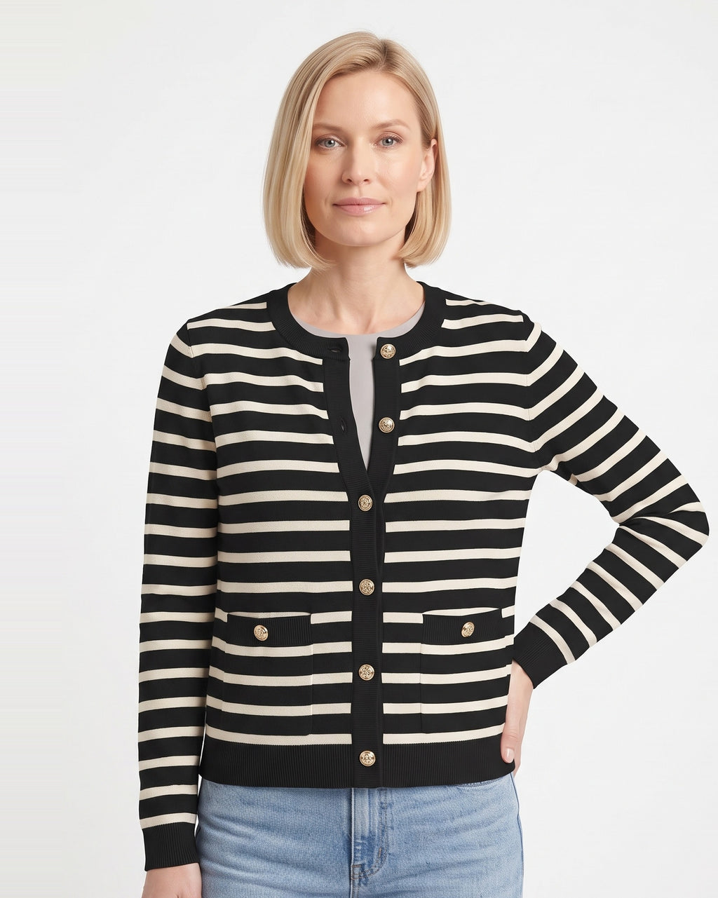 Black-and-cream striped cropped crewneck knit cardigan with gold buttons and pockets