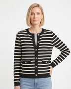 Black-and-cream striped cropped crewneck knit cardigan with gold buttons and pockets