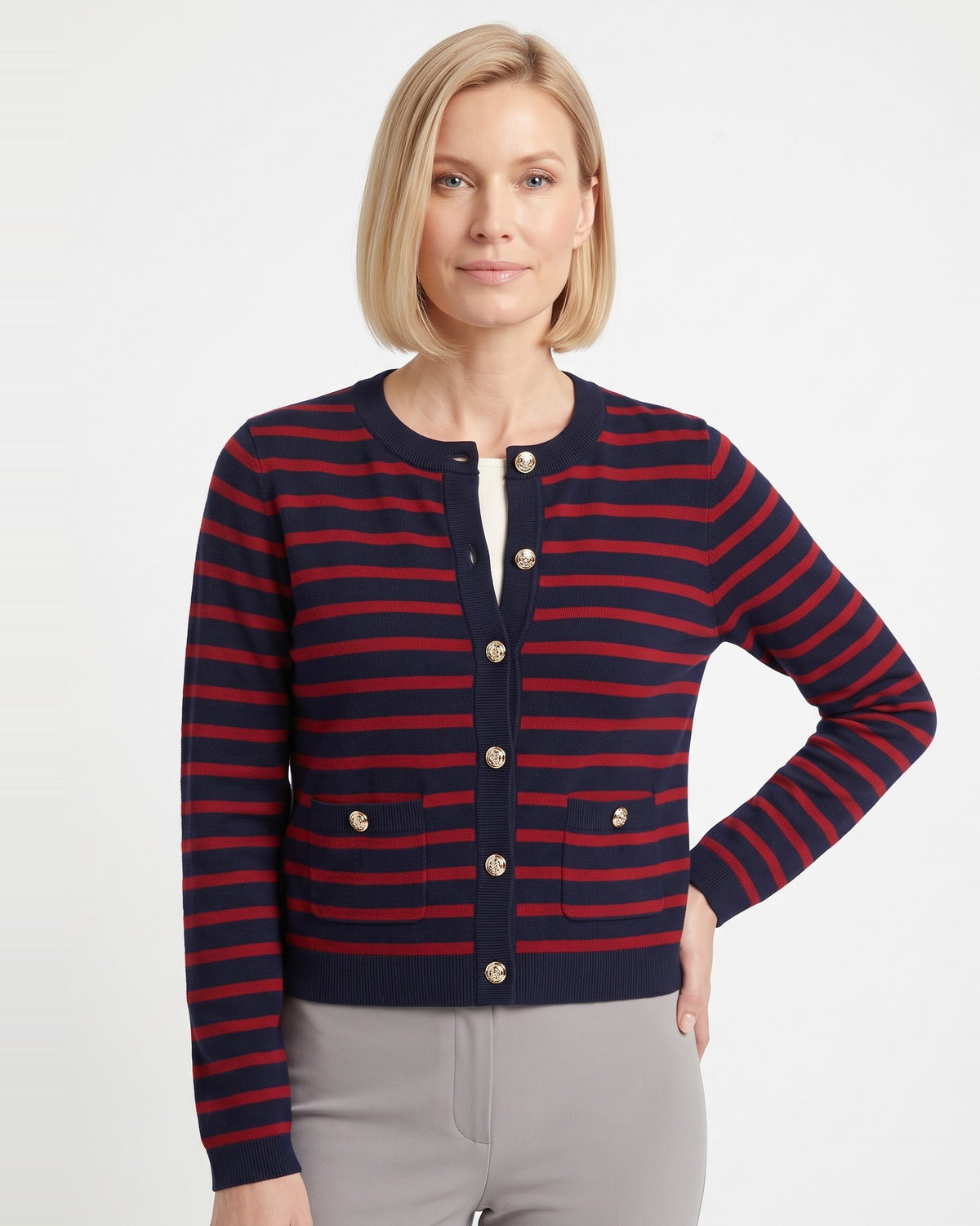 Women’s navy and red striped cropped knit cardigan with gold buttons and flap pockets