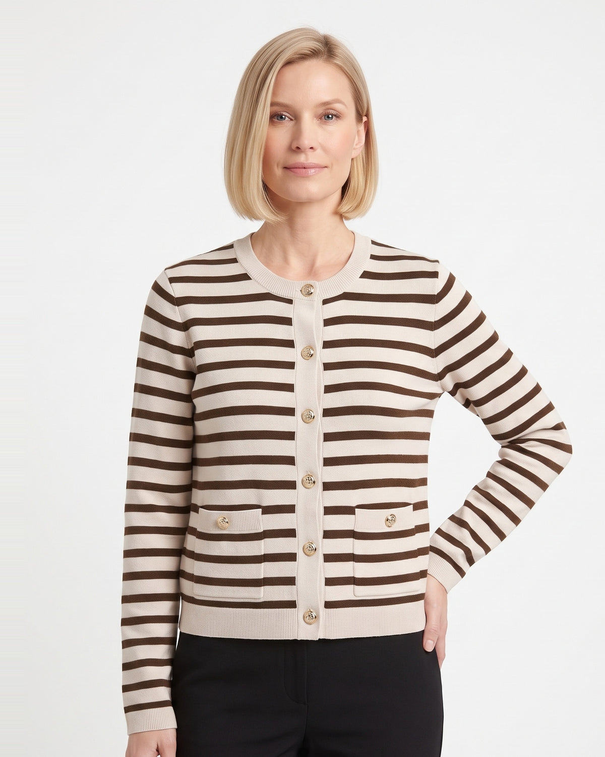 Beige-and-brown striped cropped knit cardigan with gold buttons and flap pockets
