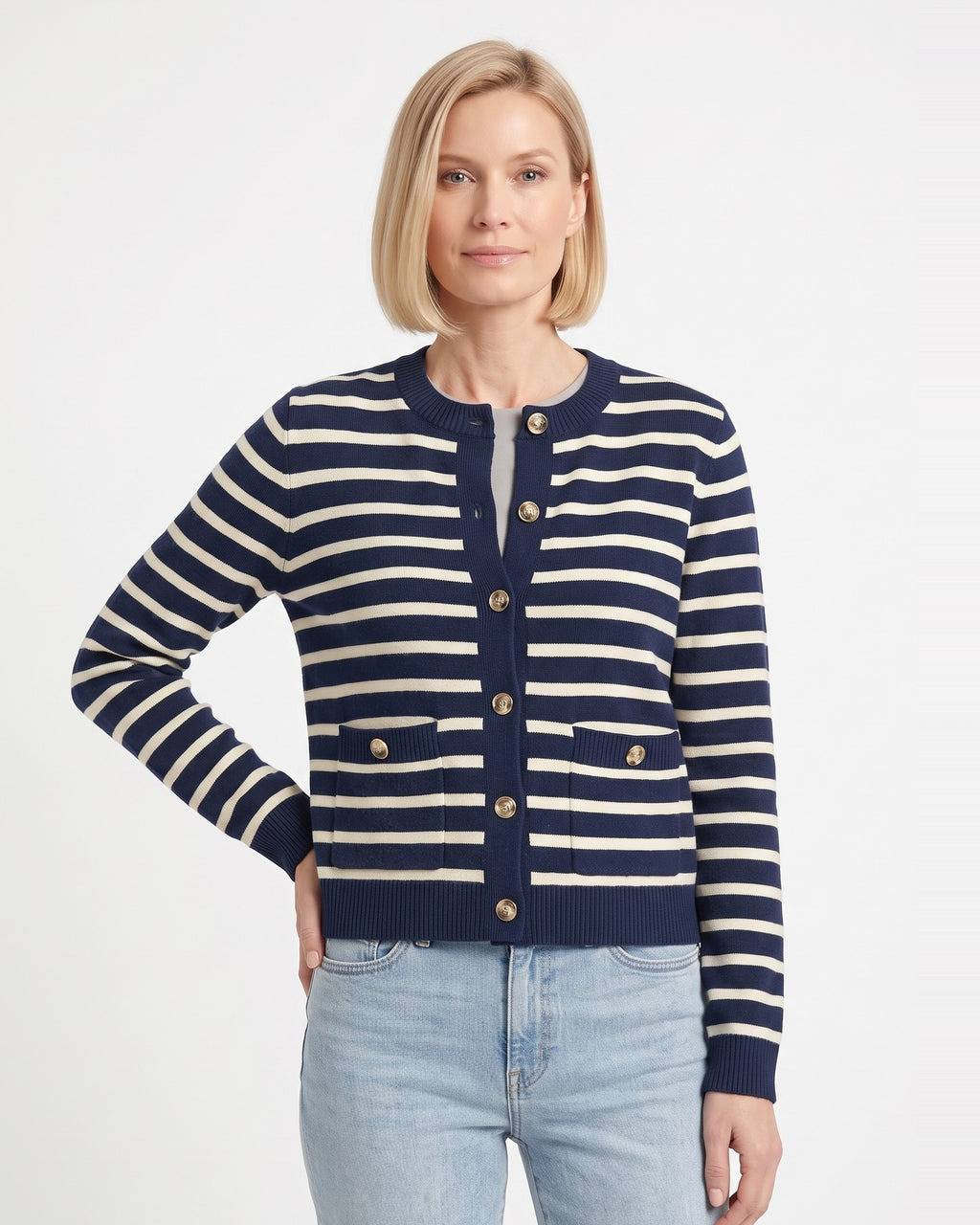 Navy-and-cream striped cropped knit cardigan with gold buttons and flap pockets