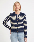 Navy-and-cream striped cropped knit cardigan with gold buttons and flap pockets