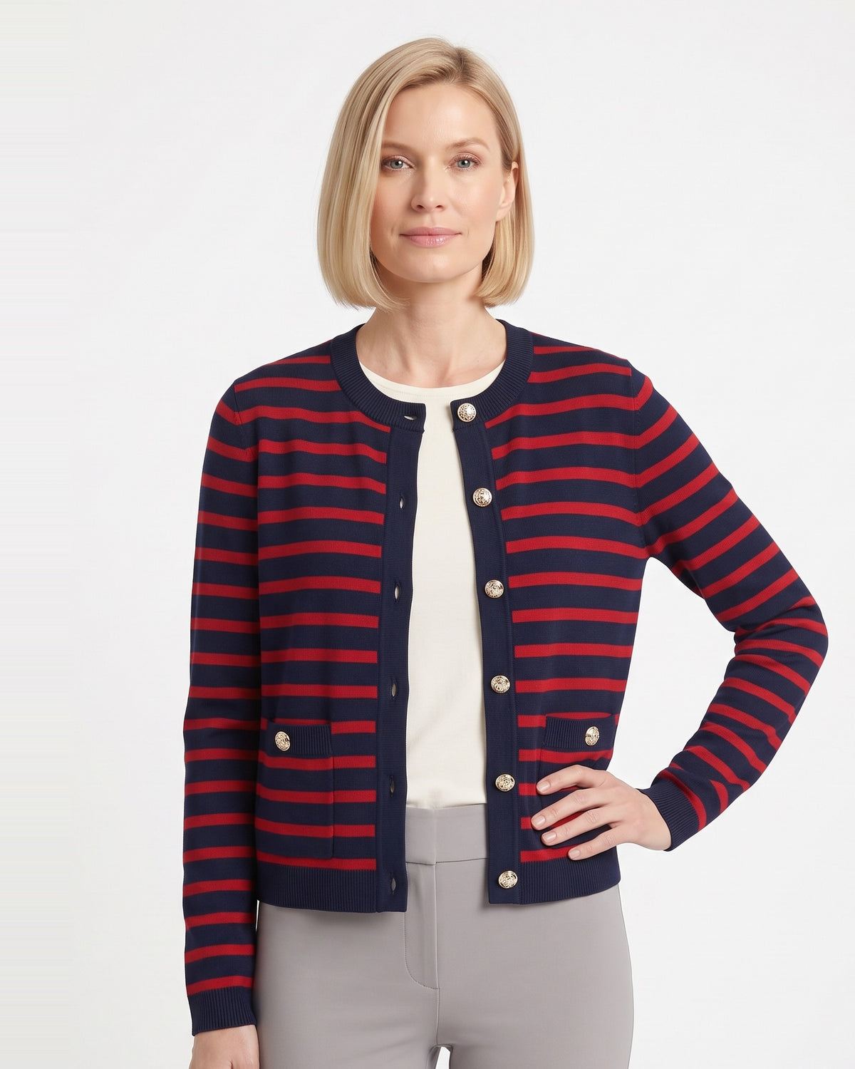Navy-and-red striped cropped knit cardigan with gold buttons and flap pockets
