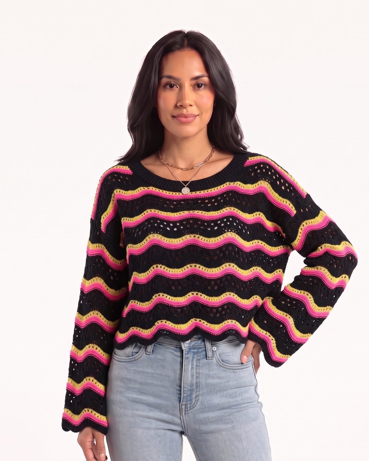 Black striped crochet sweater with pink and yellow wavy bands and long bell sleeves