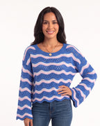 Light blue striped crochet sweater with wavy open knit and long bell sleeves