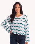 Teal and white striped crochet sweater with wavy open knit and long bell sleeves