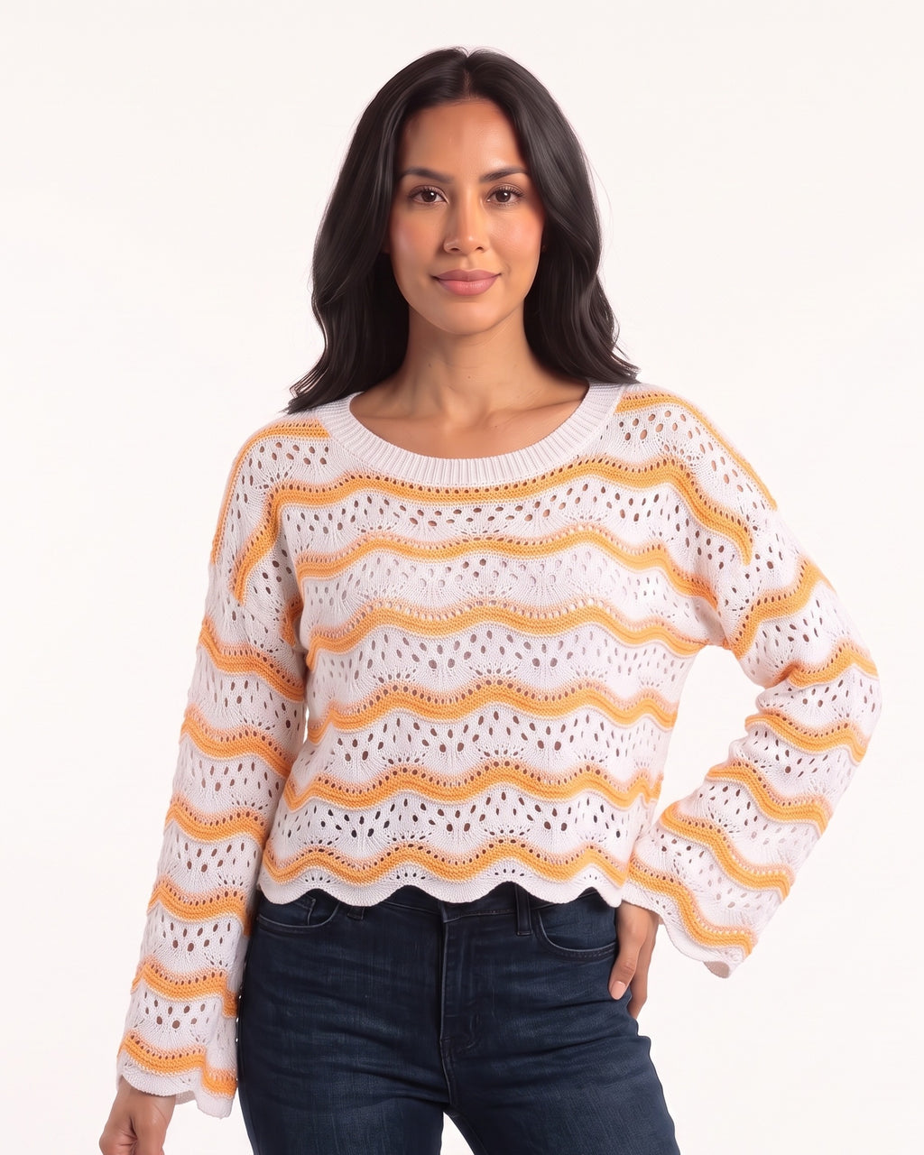 White crochet sweater with orange wavy striped open knit and long bell sleeves